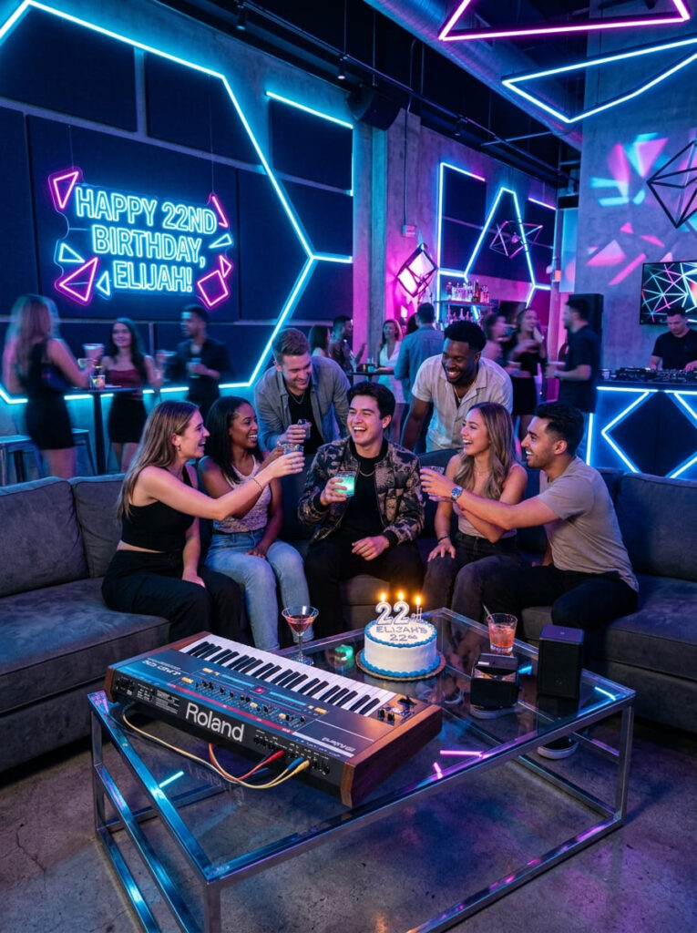 Electric blue synth birthday lounge with a vintage synthesizer and neon lights.