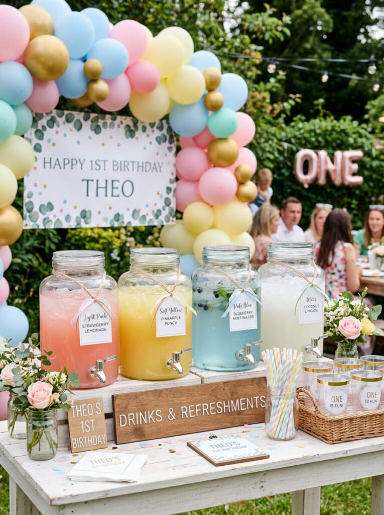 Pastel first birthday drink station with coordinated so  styling