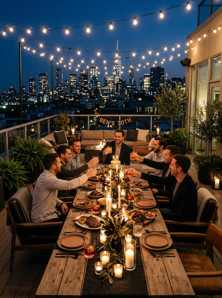 Rooftop-inspired dinner party setup with string lights and cocktails