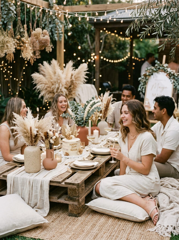 Neutral aesthetic birthday lounge with cream linen cushions and pampas grass.