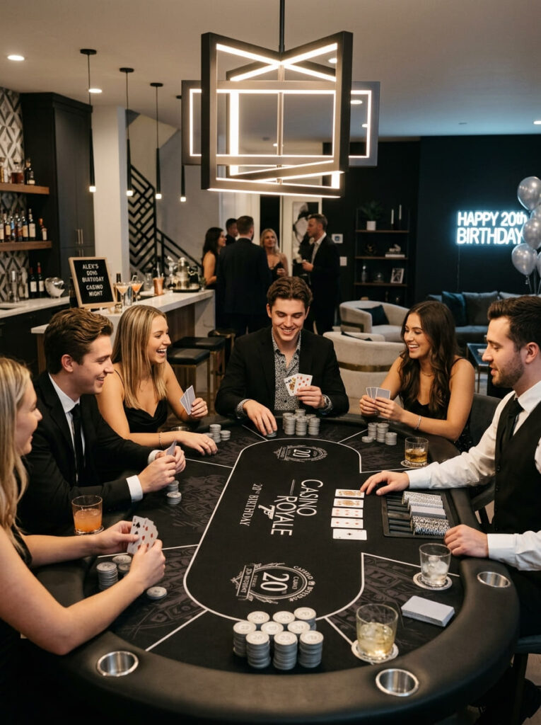 Sleek at-home poker night casino lounge setup with professional black felt table.