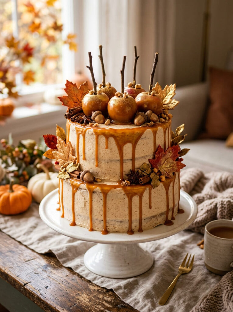 Maple glazed autumn cake with warm amber tones and caramel accents