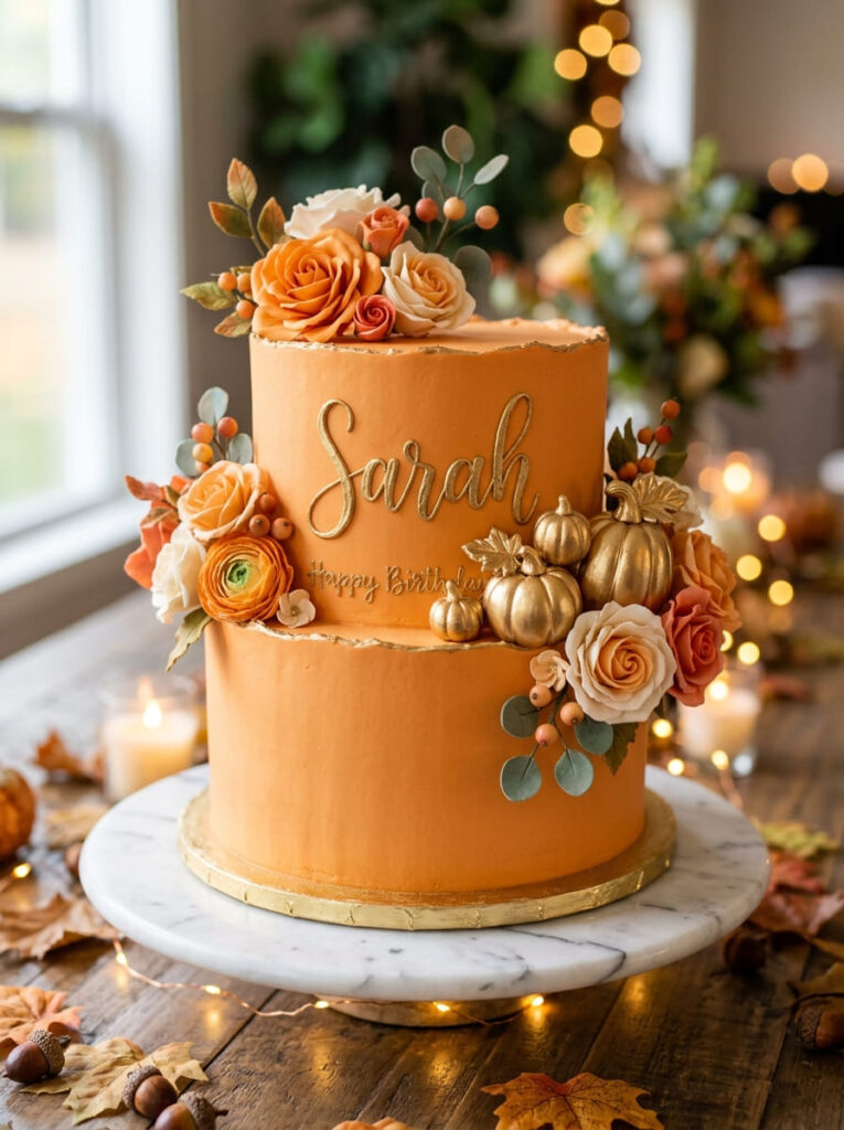 Custom name autumn birthday cake with gold lettering