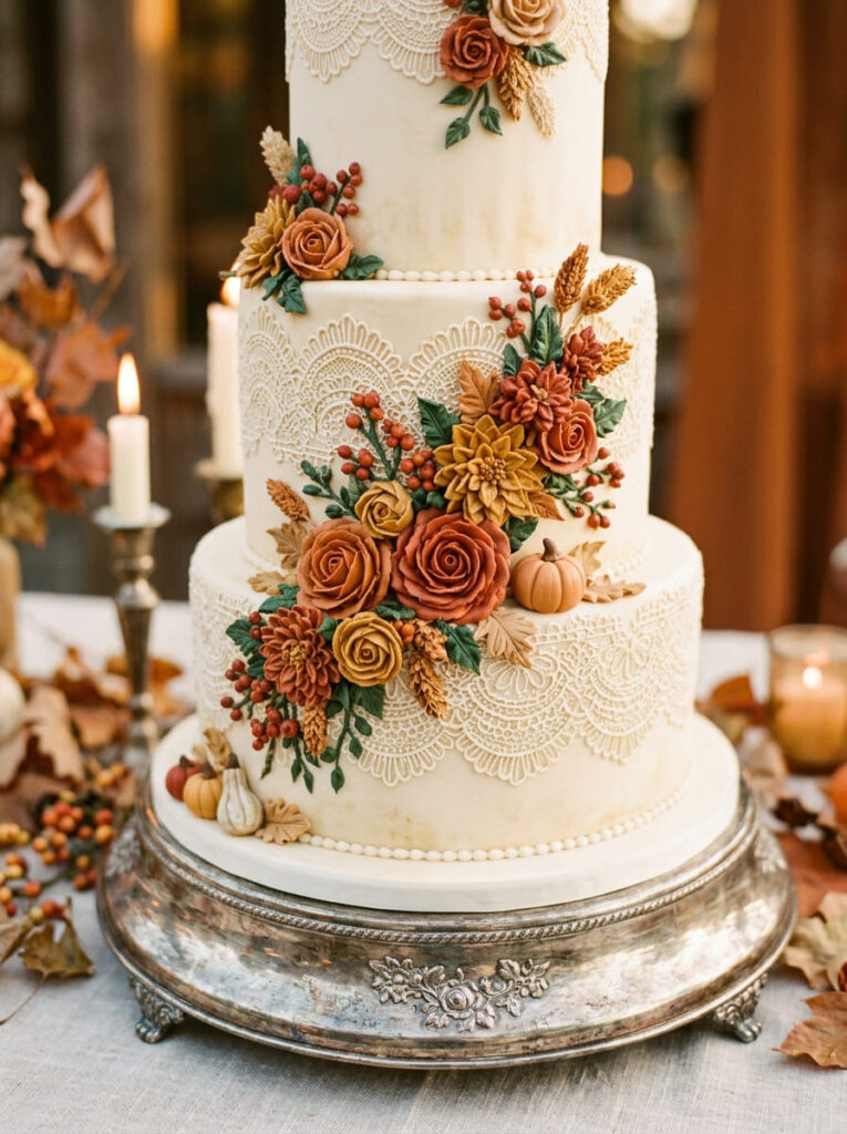 Two-tier stylish autumn birthday cake with cascading fall elements