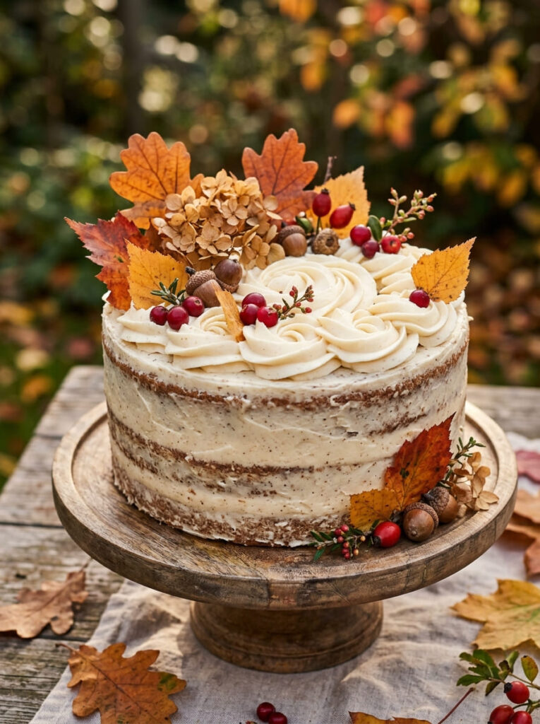 Semi-naked natural autumn cake with vanilla swirls and fall accents