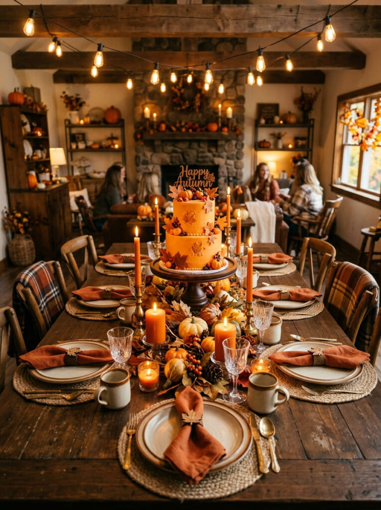 Autumn party decor matching cake styling with candles and foliage