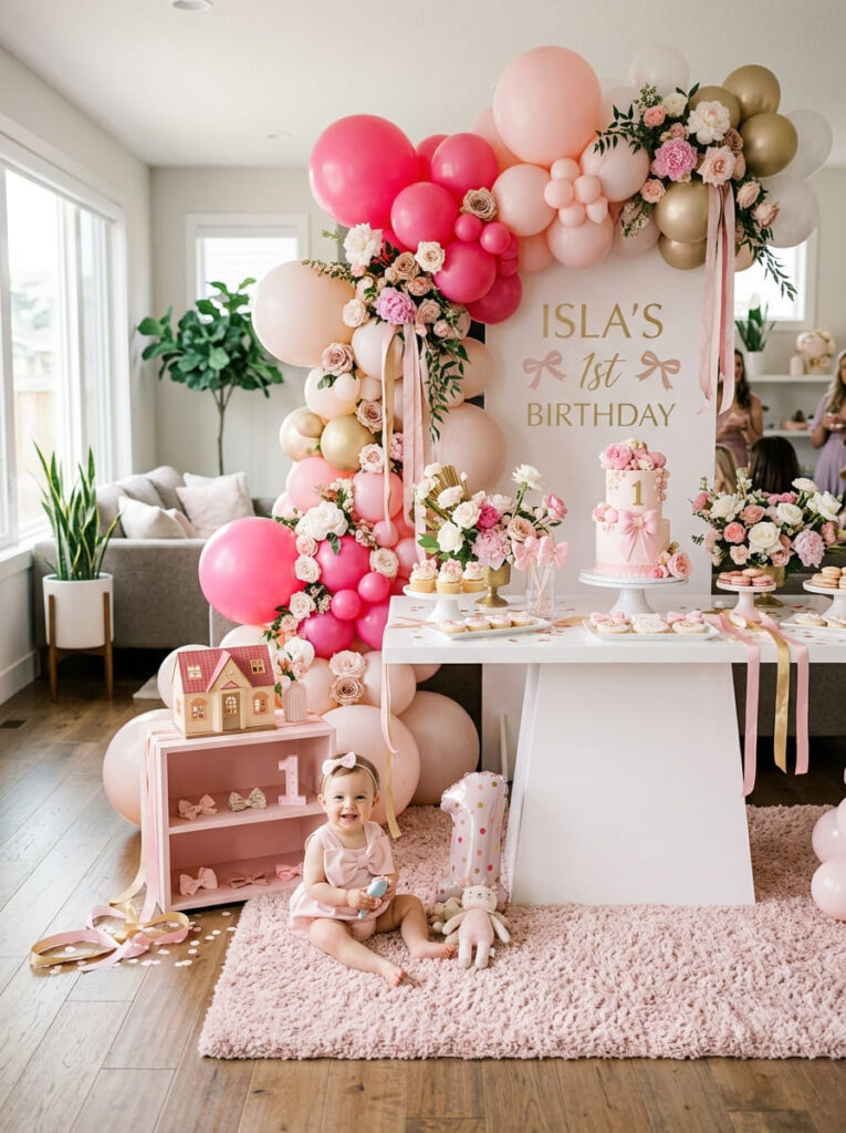 Pink doll-inspired first birthday party setup with elegant feminine styling