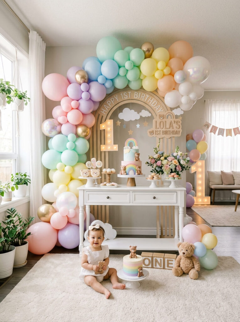Pastel rainbow bear-themed first birthday party setup with elegant styling