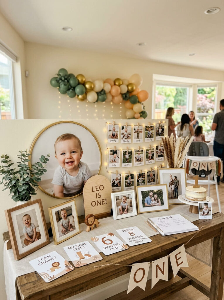 Simba first birthday memory display with baby photos and milestone details
