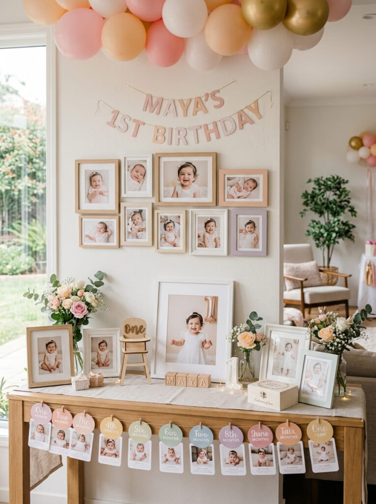 Unicorn first birthday memory display with baby photos and milestone details