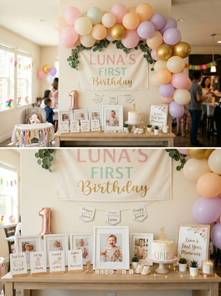 Pastel first birthday memory display with baby photos and milestone details