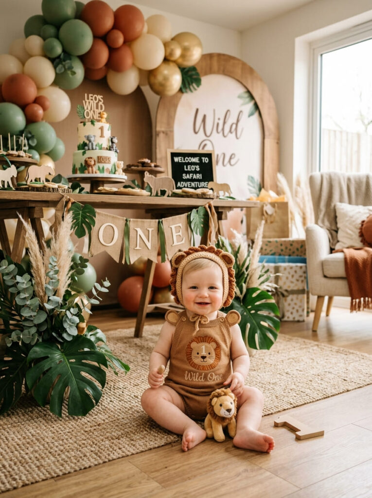One year old in a Simba inspired first birthday outfit with warm earthy colors