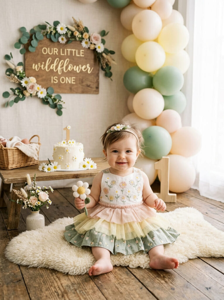 One year old in a daisy-inspired first birthday outfit with soft floral colors

