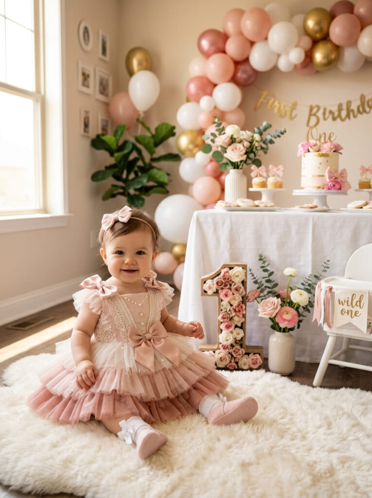 One year old in a pink doll-inspired first birthday outfit with feminine details