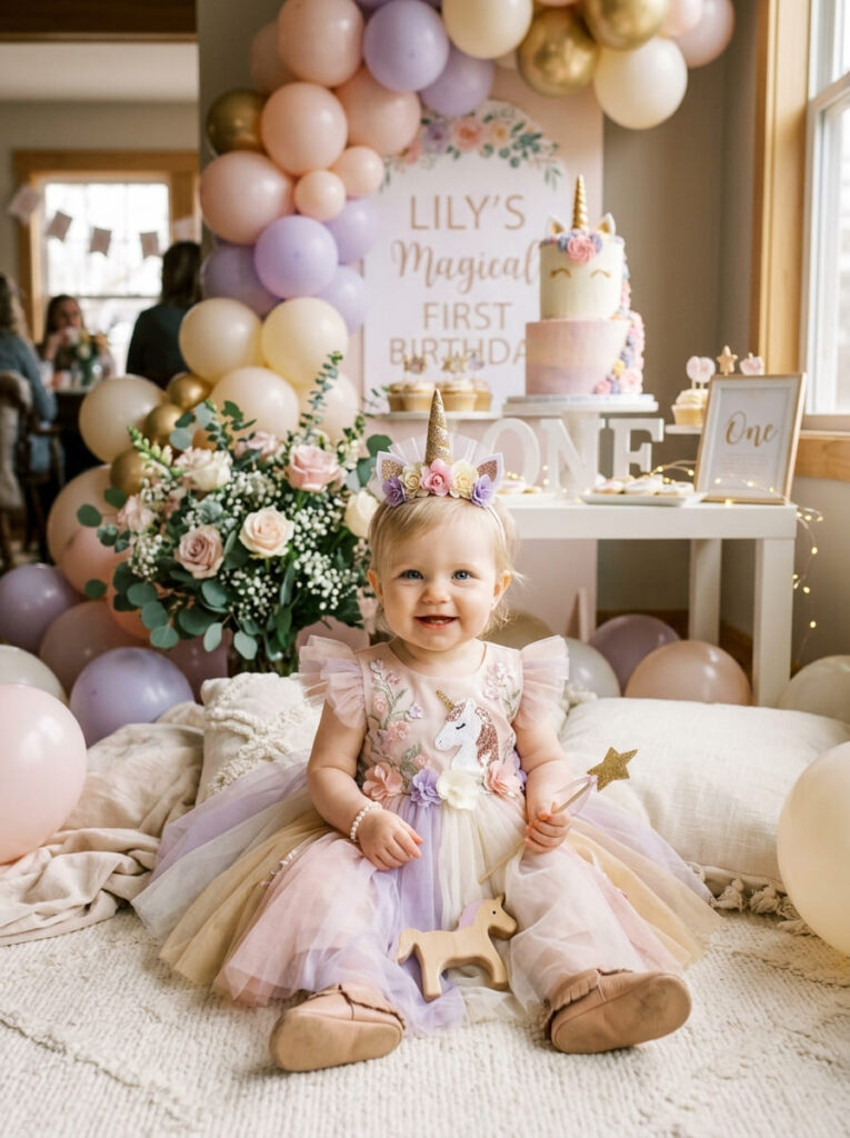 One year old in a unicorn inspired first birthday outfit with soft pastel colors
