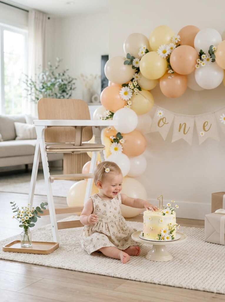 Daisy first birthday smash cake setup with soft floral styling

