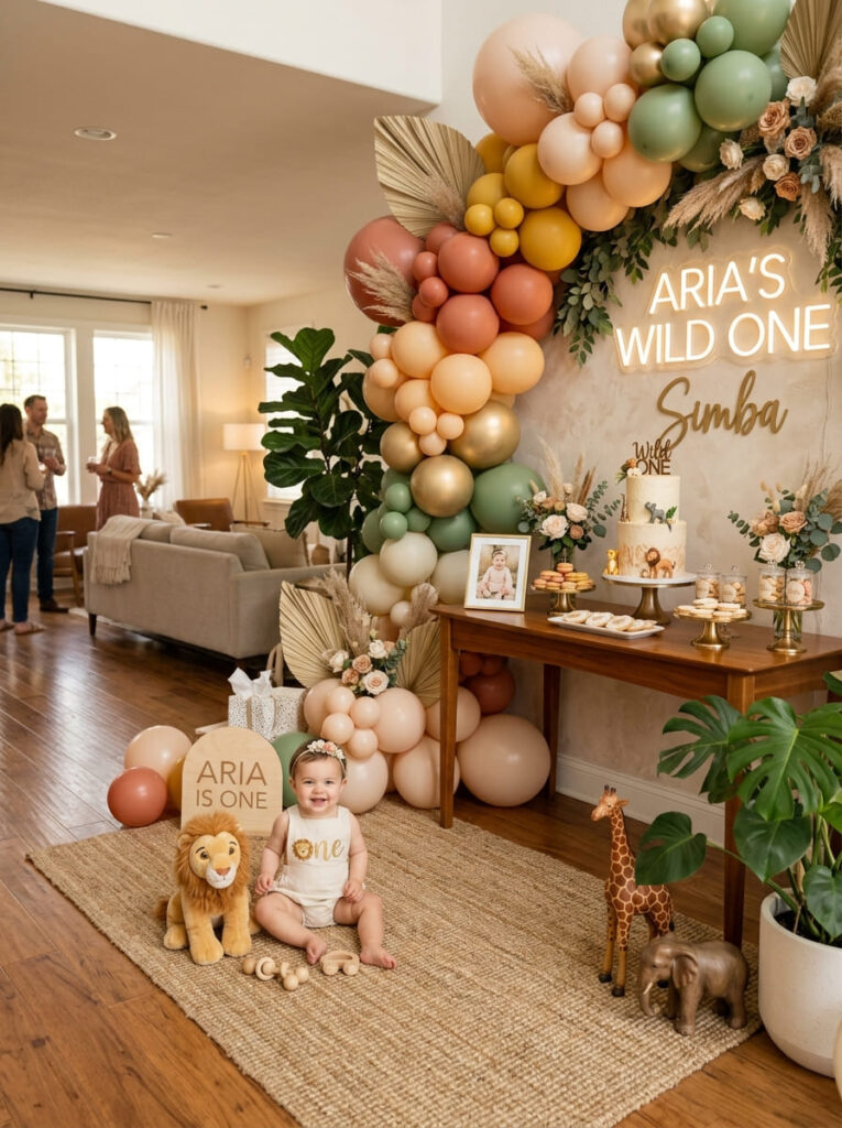 Simba first birthday party setup with warm safari inspired decor and elegant styling