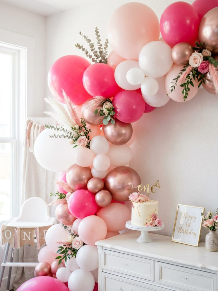 Pink first birthday balloon garland with soft modern feminine colors