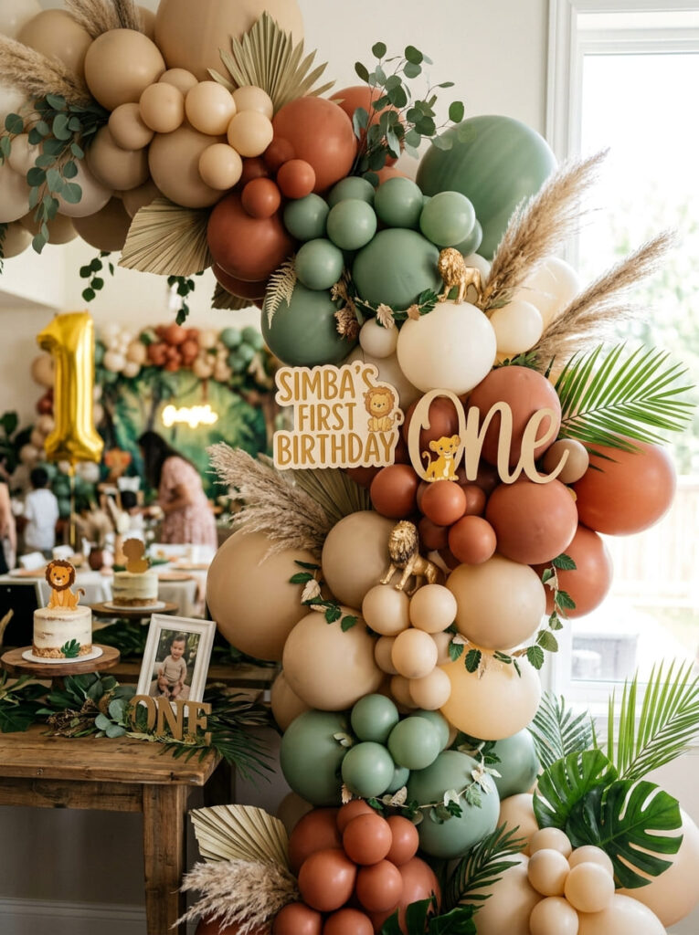 Simba first birthday balloon garland with earthy modern safari colors