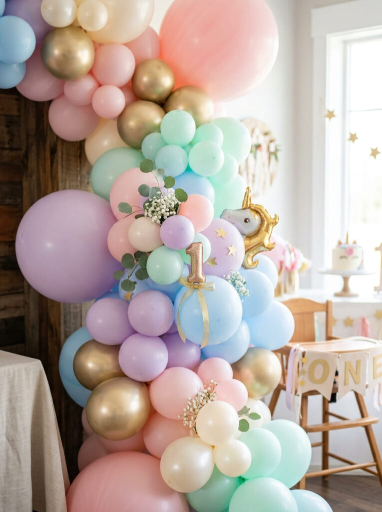 Unicorn first birthday balloon garland with soft pastel modern colors