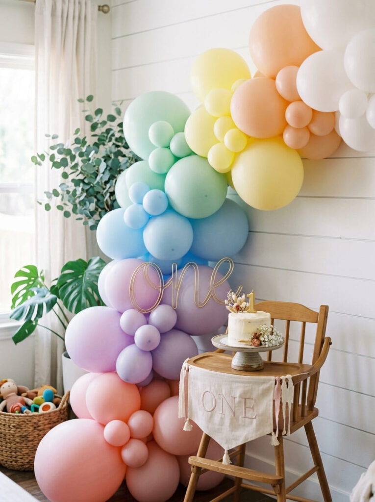 Pastel first birthday balloon garland with soft rainbow modern colors