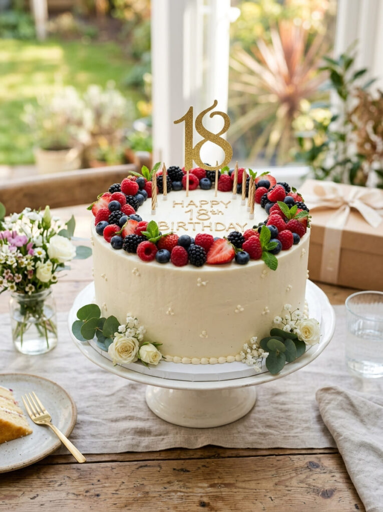 Berry border 18th birthday cake with fresh colorful fruit