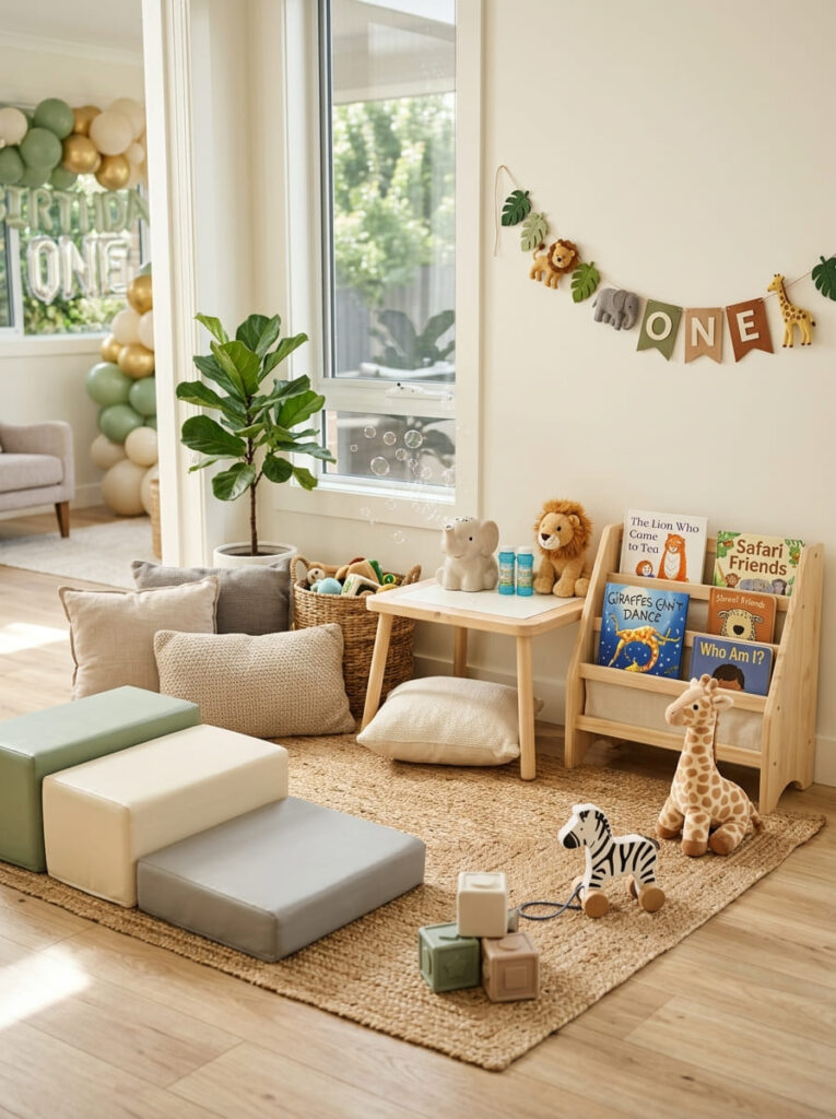 Simba first birthday activity corner with soft play and safari details