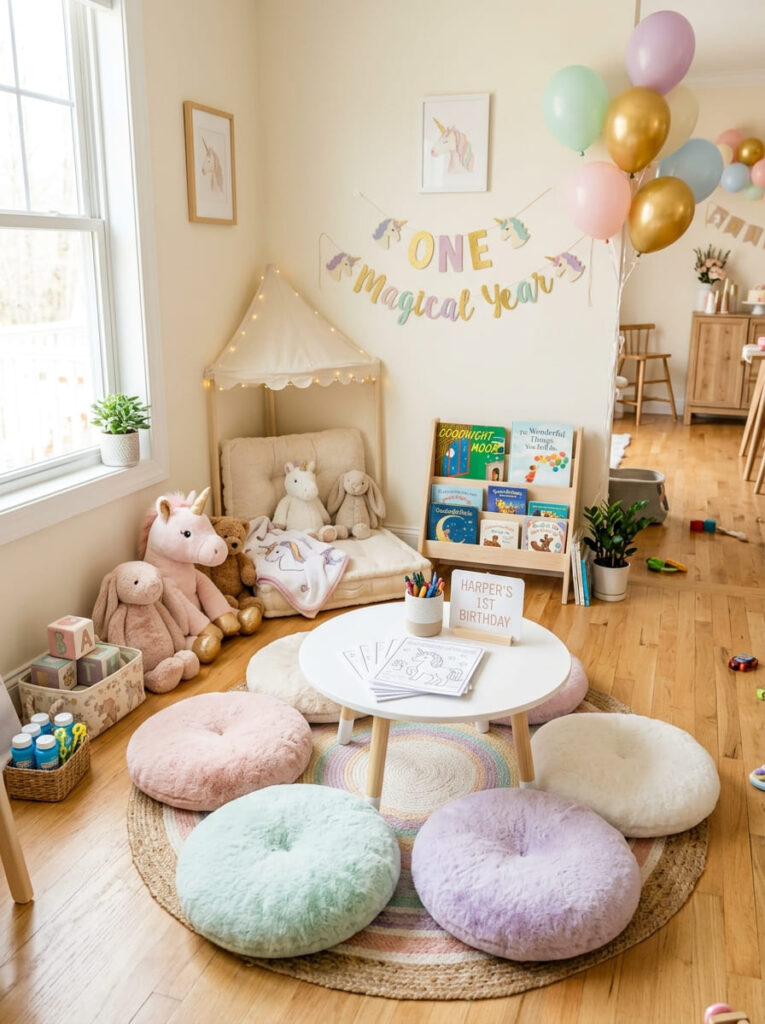 Unicorn first birthday activity corner with soft play and pastel details