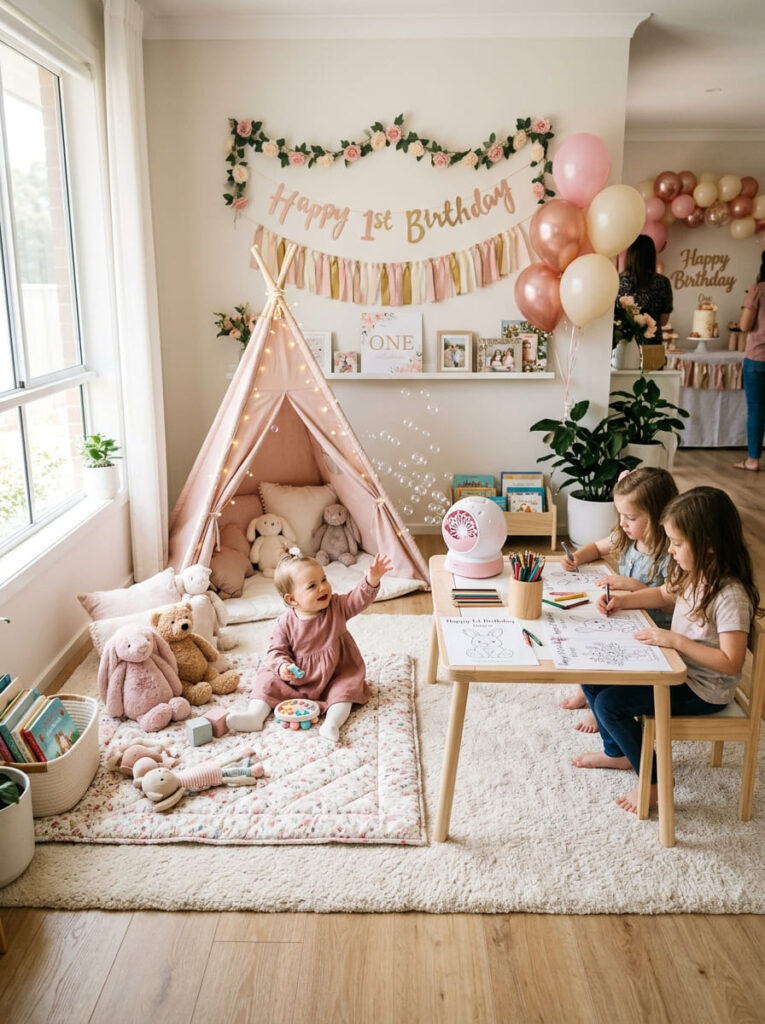 Pink first birthday activity corner with soft play and feminine details