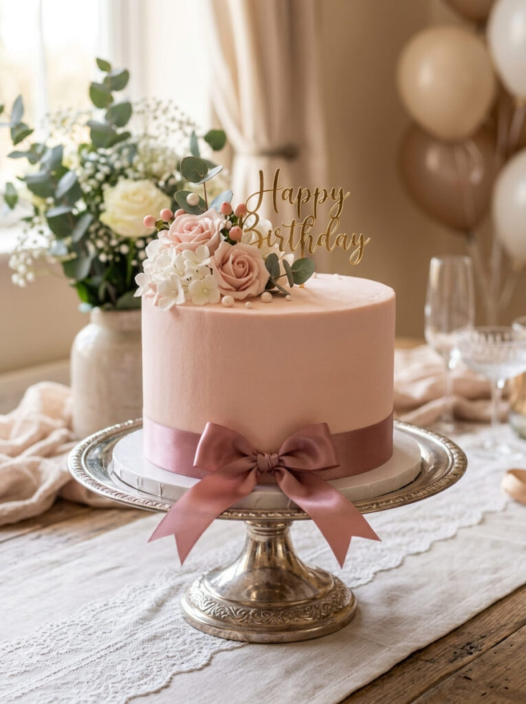 Ribbon wrapped birthday cake with elegant satin detail