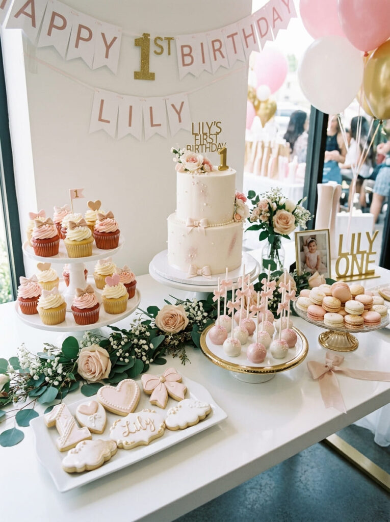 Pink first birthday themed desserts with chic feminine styling