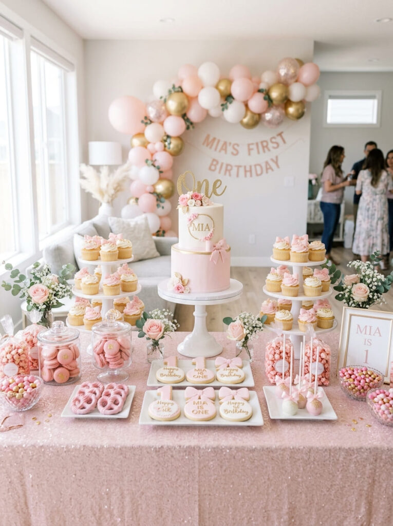 Pink first birthday dessert table with feminine coordinated sweets