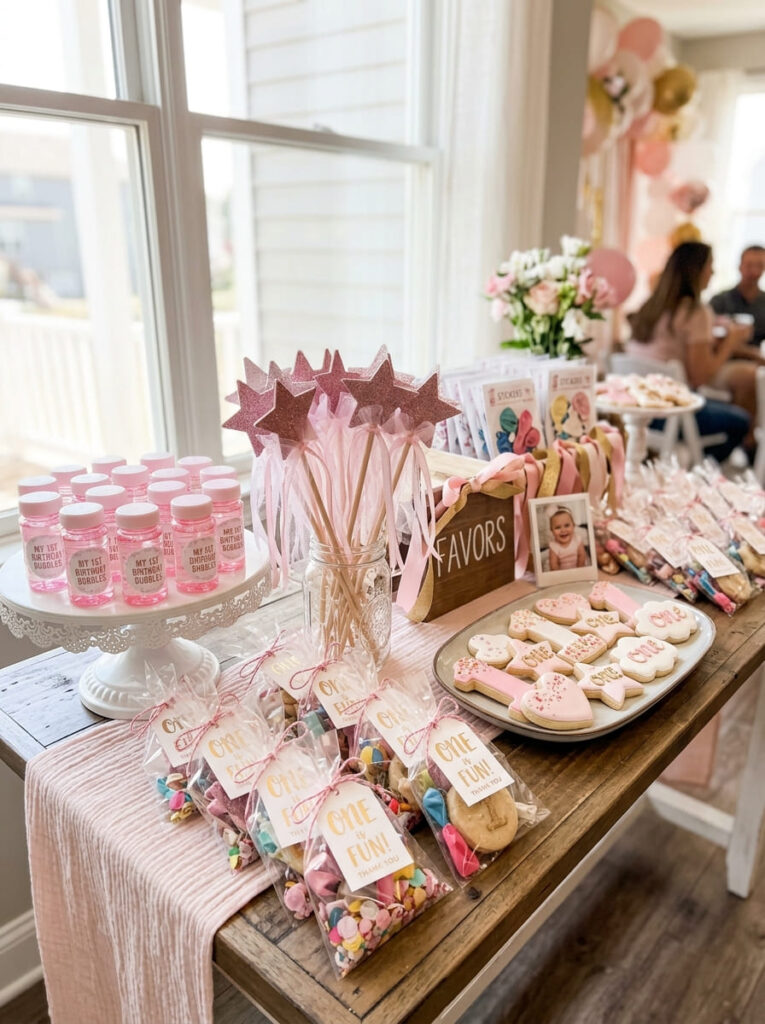 Pink first birthday favor display with pretty treats and feminine details