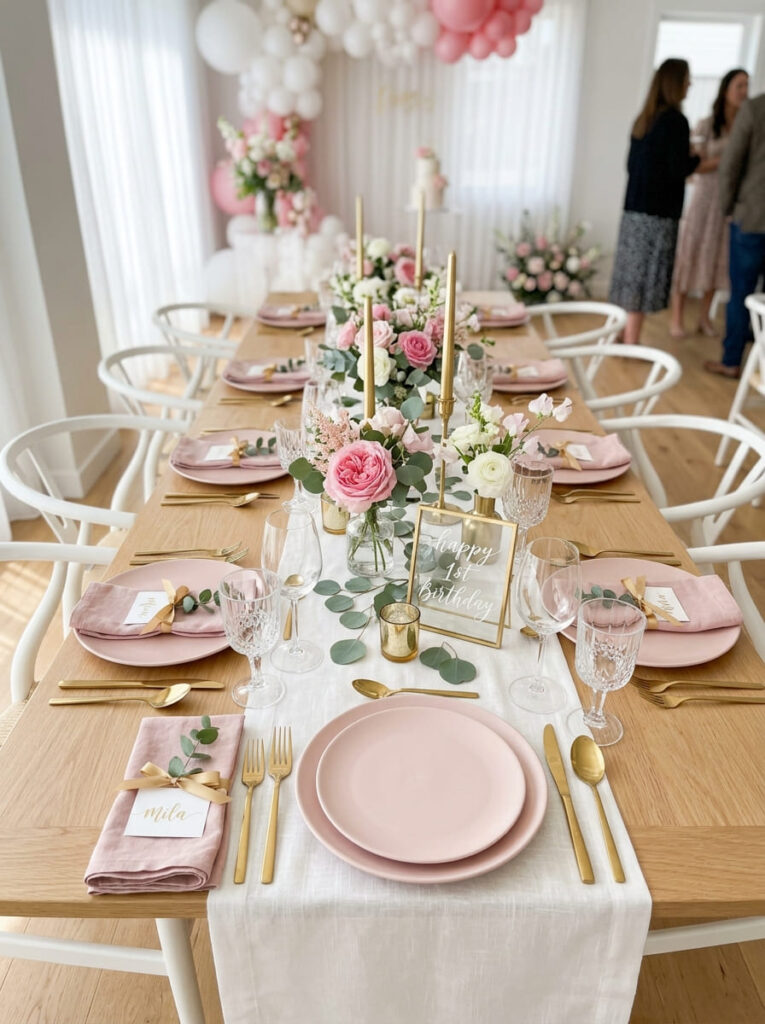 Pink first birthday guest table with soft glam feminine decor