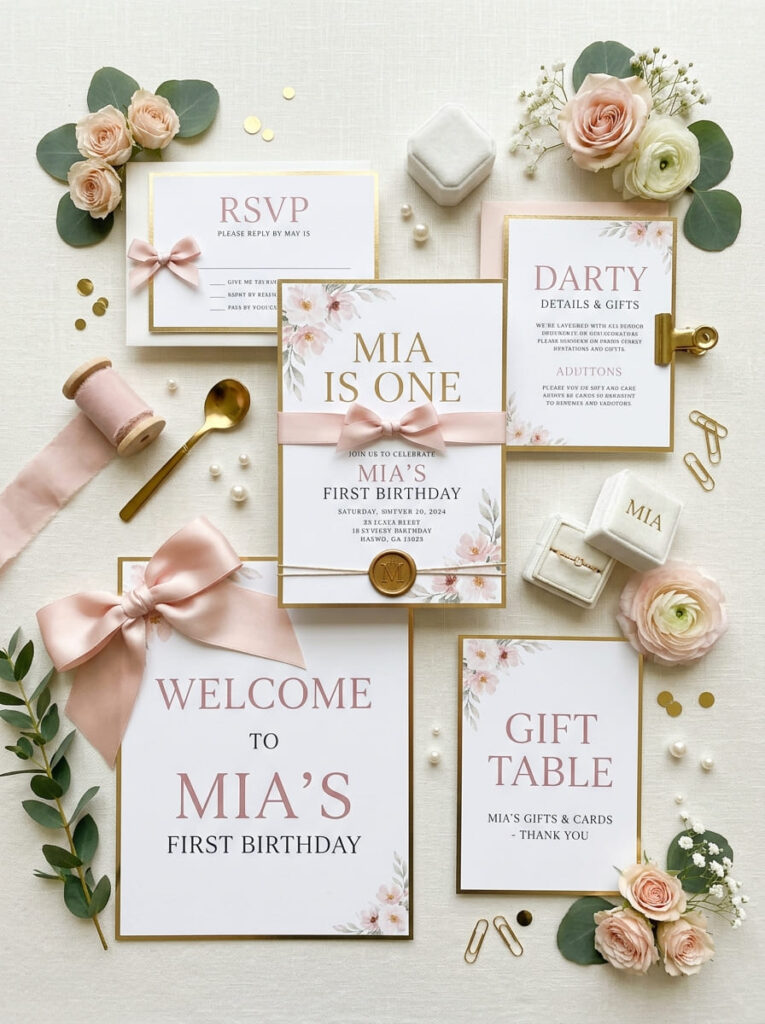Pink first birthday invitations and signs with feminine modern styling