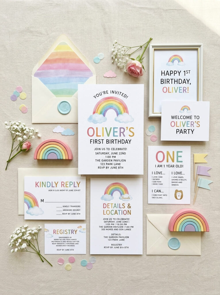 Pastel first birthday invitations and signs with rainbow styling