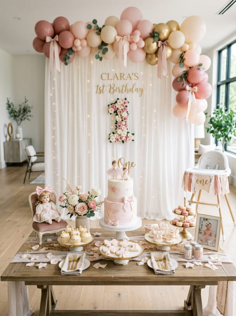 Pink first birthday decor with subtle feminine accents styled neatly
