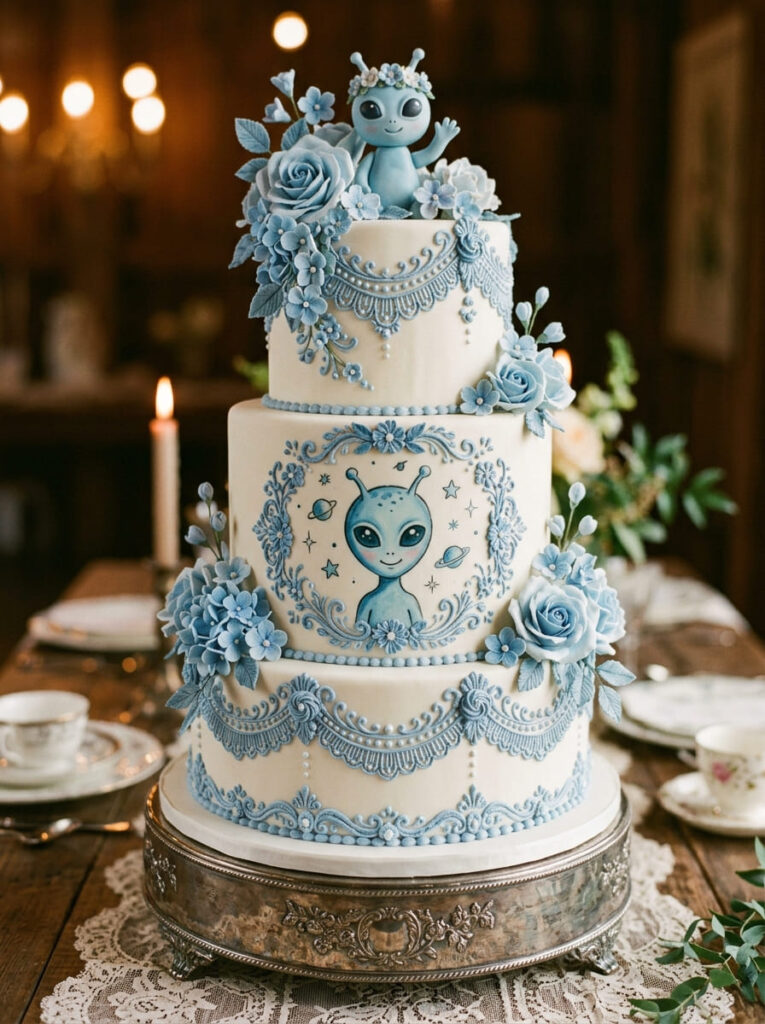 Vintage blue alien cake with intricate floral piping and elegant details