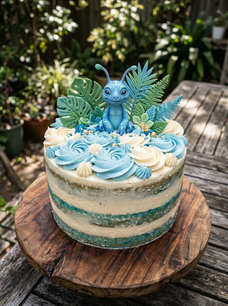 Semi-naked natural blue alien cake with vanilla swirls and tropical accents