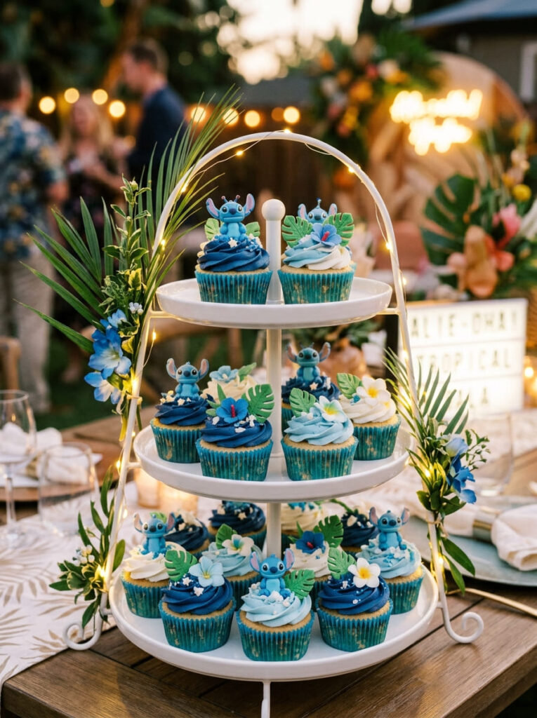 Blue alien cupcake tower with blue frosting and tropical toppers