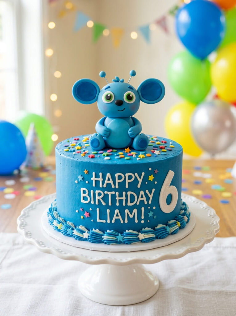 Classic blue alien birthday cake with fondant character and vibrant colors