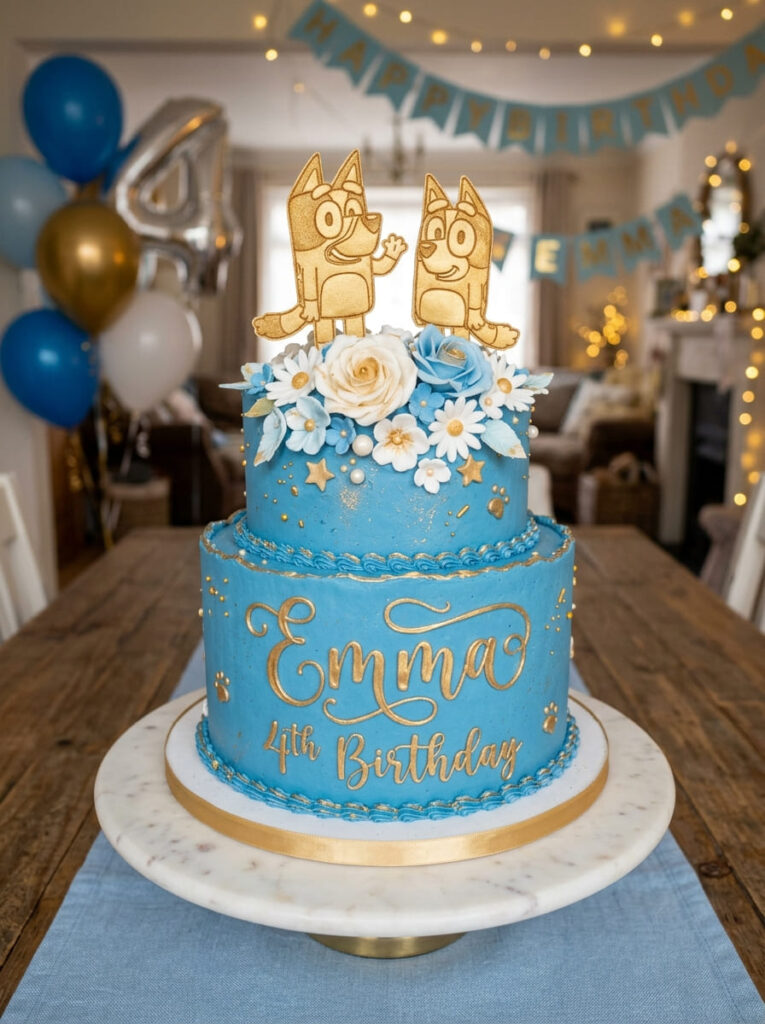Custom name Bluey birthday cake with gold lettering