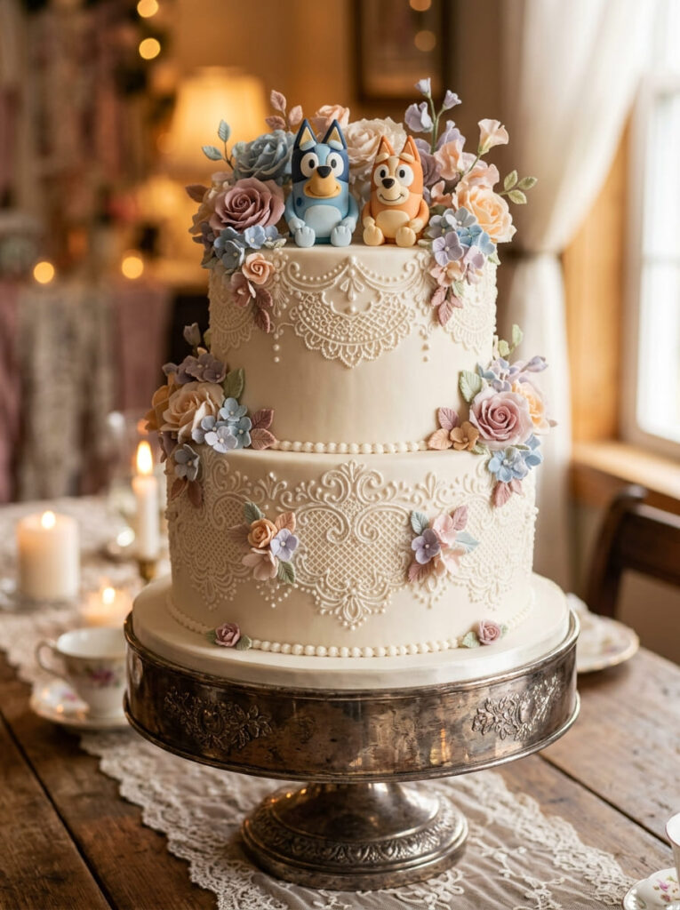 Vintage Bluey cake with intricate floral piping and elegant details
