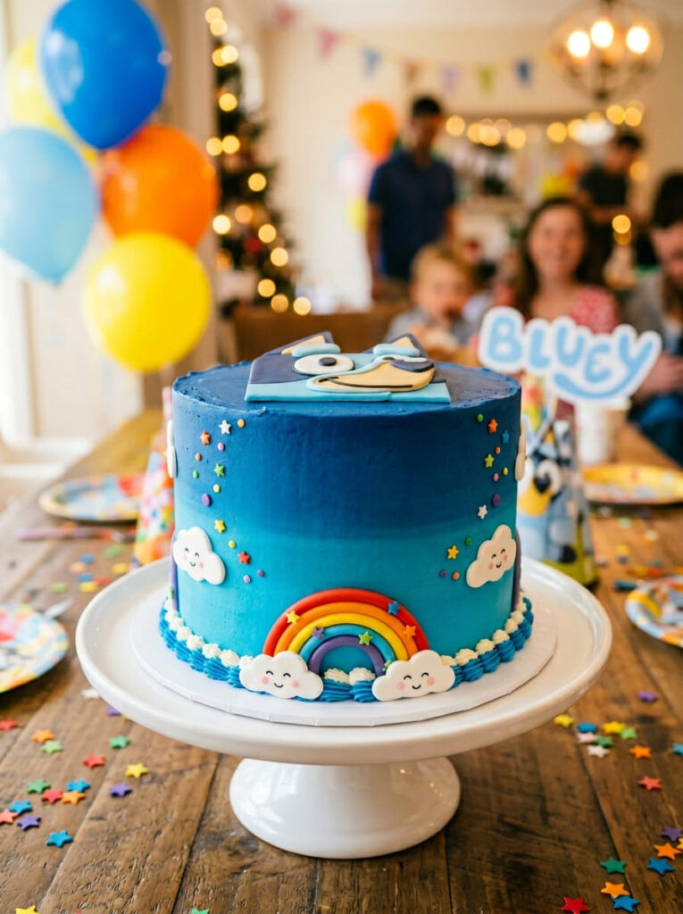 Classic blue Bluey birthday cake with signature colors and character face