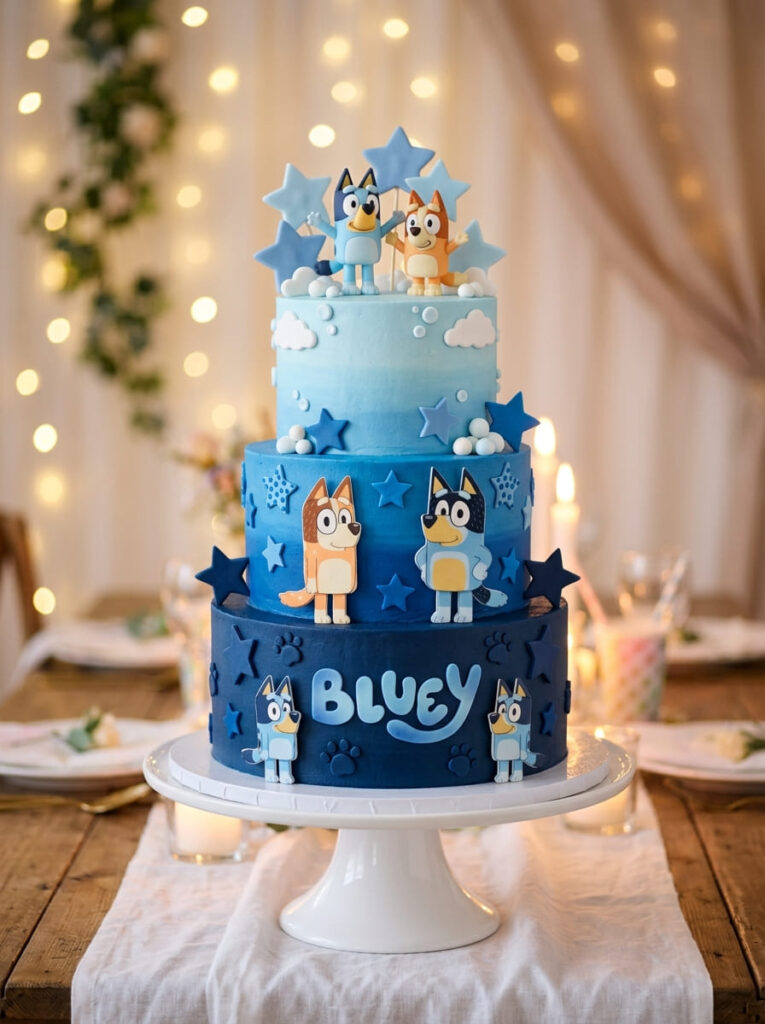 Ombre gradient Bluey cake with navy to baby blue fade