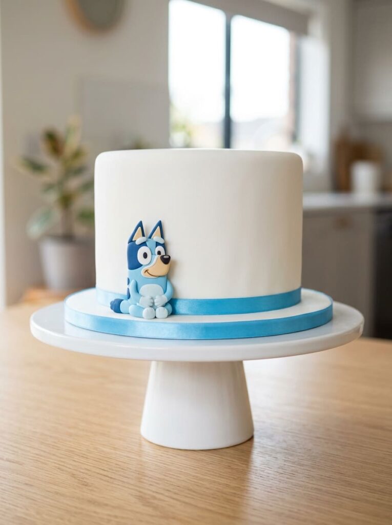 Minimalist modern Bluey cake with simple elegant design