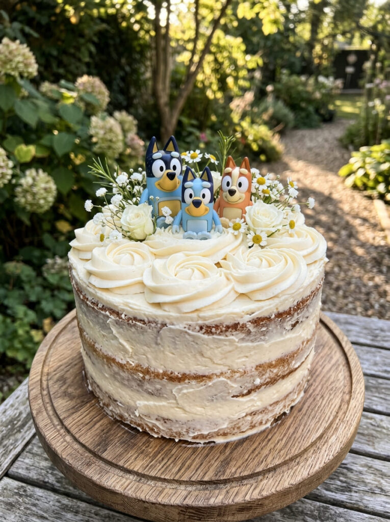 Semi-naked natural Bluey cake with vanilla swirls and figurines