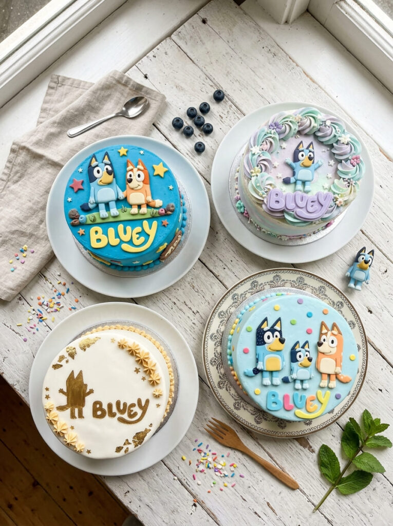 Bluey cake color palette guide with classic pastel and gold options