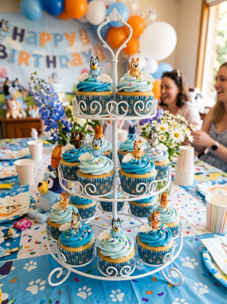 Bluey cupcake tower with blue frosting and character toppers