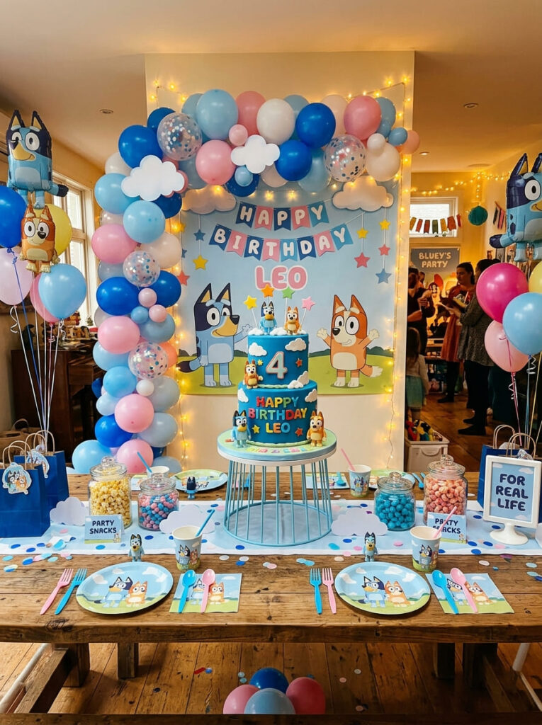 Bluey party decor matching cake styling with balloons and signage